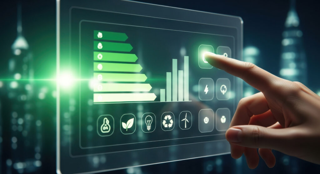 Symbolbild: Person zeigt mit Finger auf Energie-Hologramm