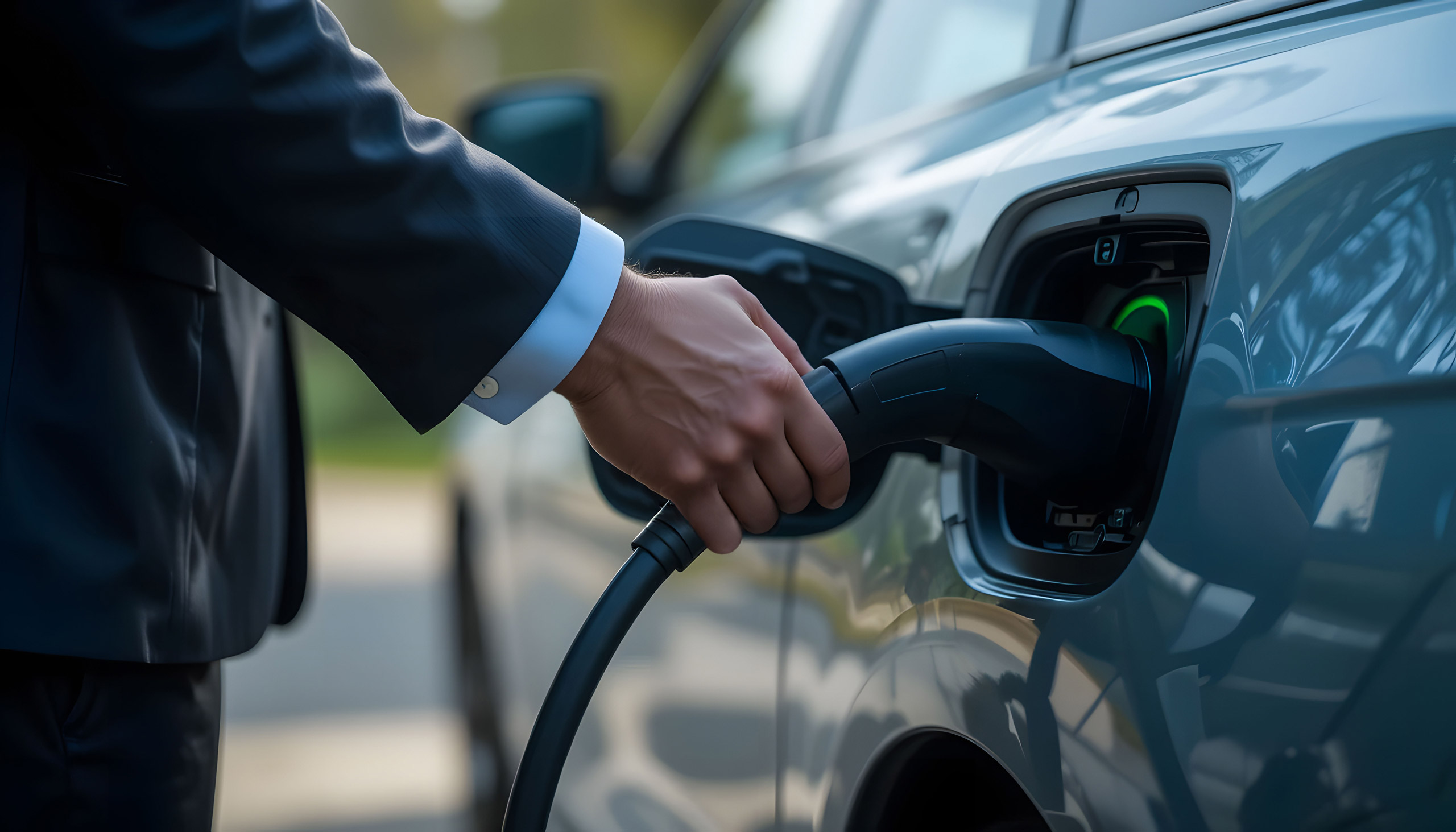 Mann im Anzug lädt E-Auto auf