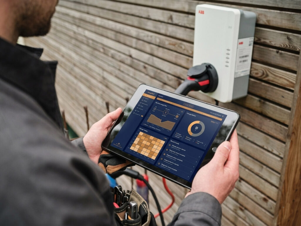 Mann mit Tablet zur Messung Energie steht vor Ladegerät