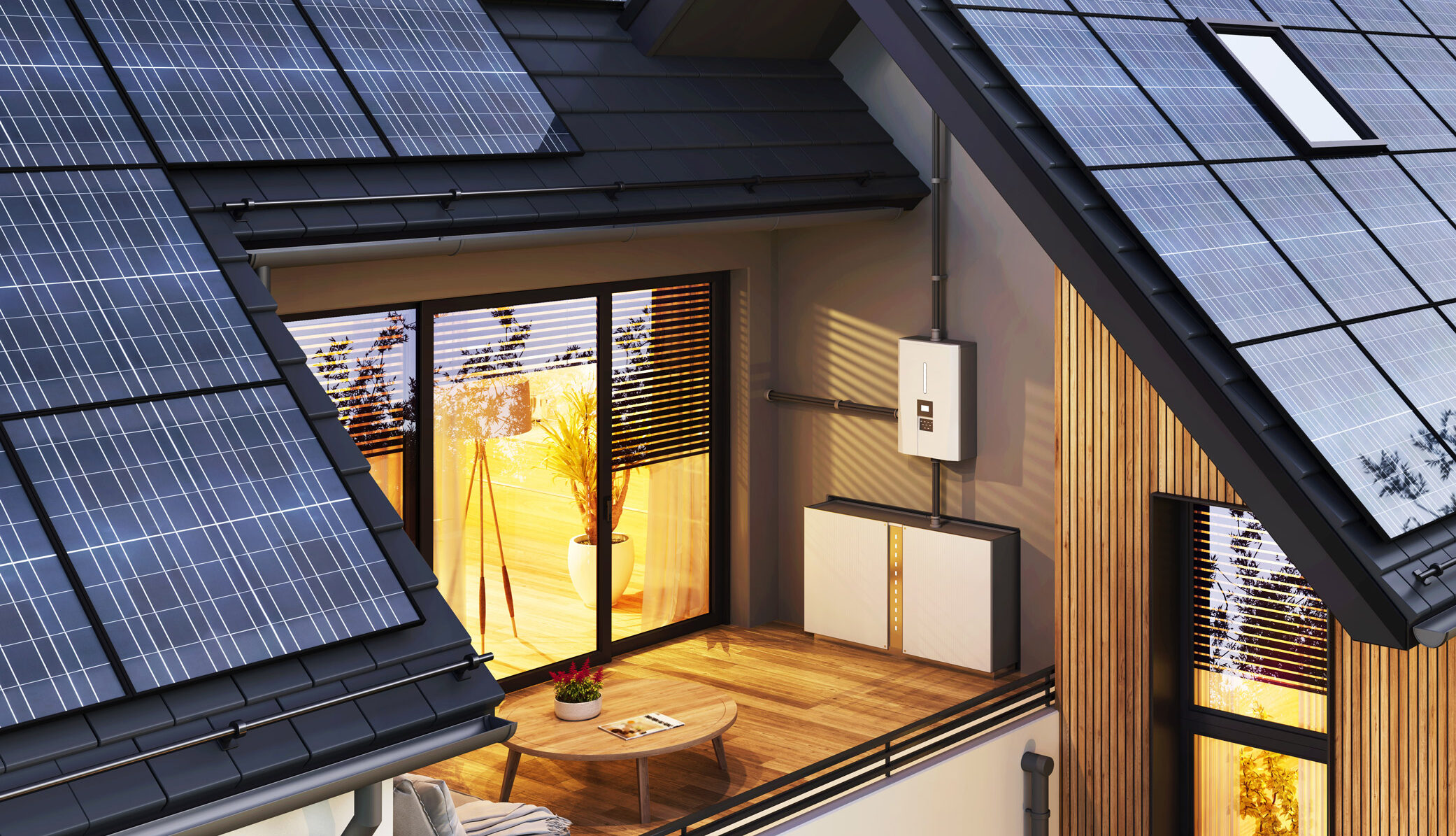 Ein Haus mit Solarzellen am Abend, Sicht auf Balkon mit PV Speicher