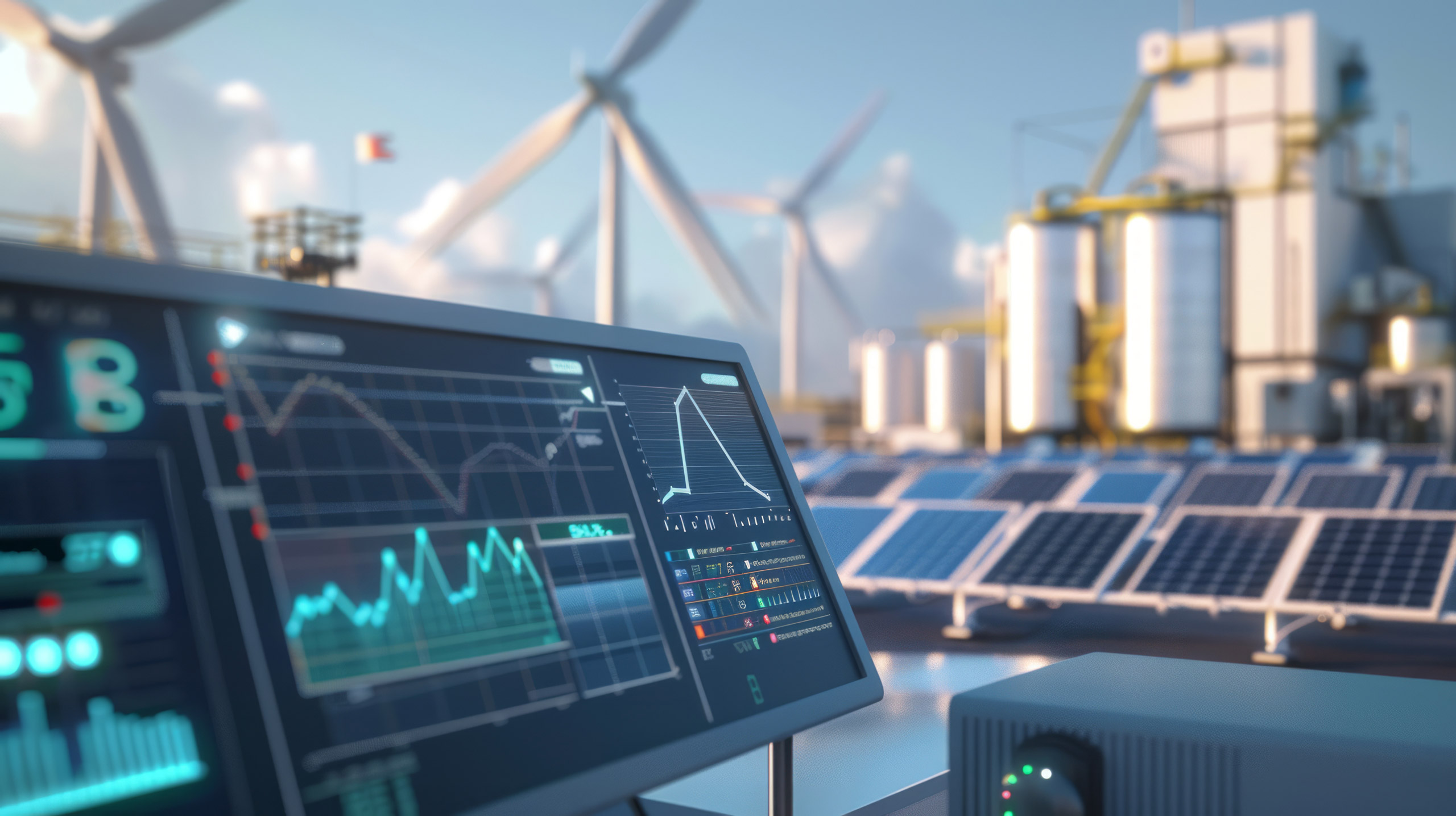 Symbolbild. Hintergrund: Nachhaltige Energieformen wie Windkraftanlage, Vordergrund: Gerät zur Energieflussmessung