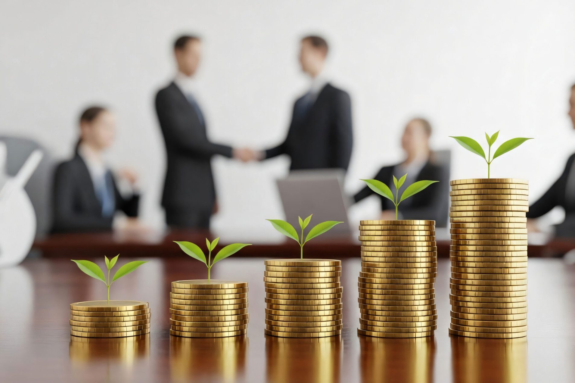 Geschäftsmänner geben sich im HIntergrund die Hand. Vordergrund: Pflanzen auf Münzenstapeln